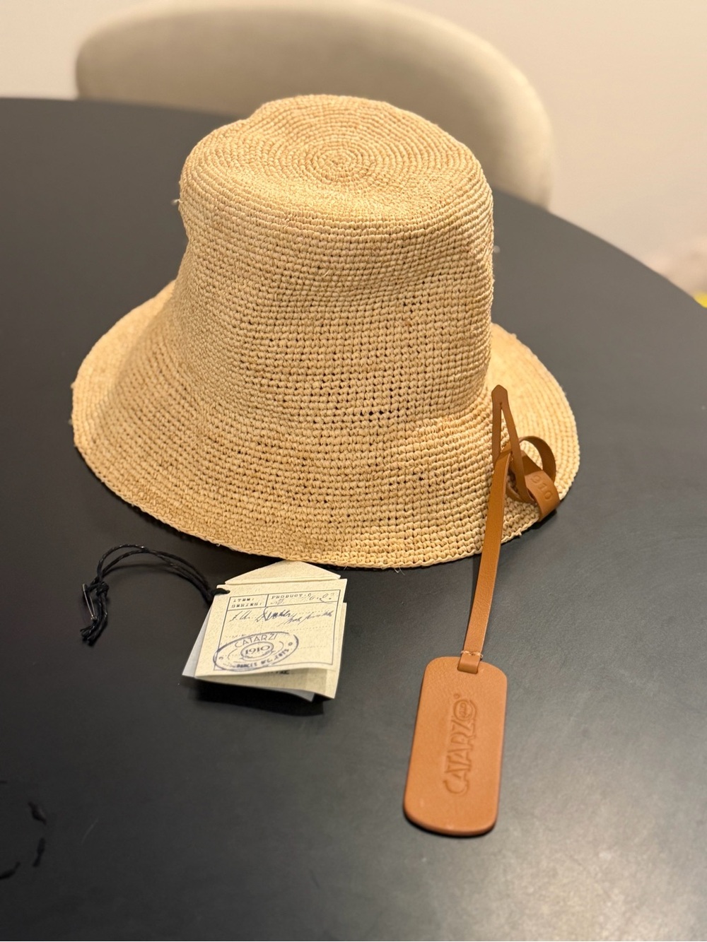 Unbranded Natural Straw Bucket Hat with Tan Leather Tag